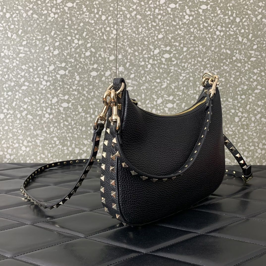 Valentino Garavani Rockstud Small Hobo Bag in Black Grainy Calfskin